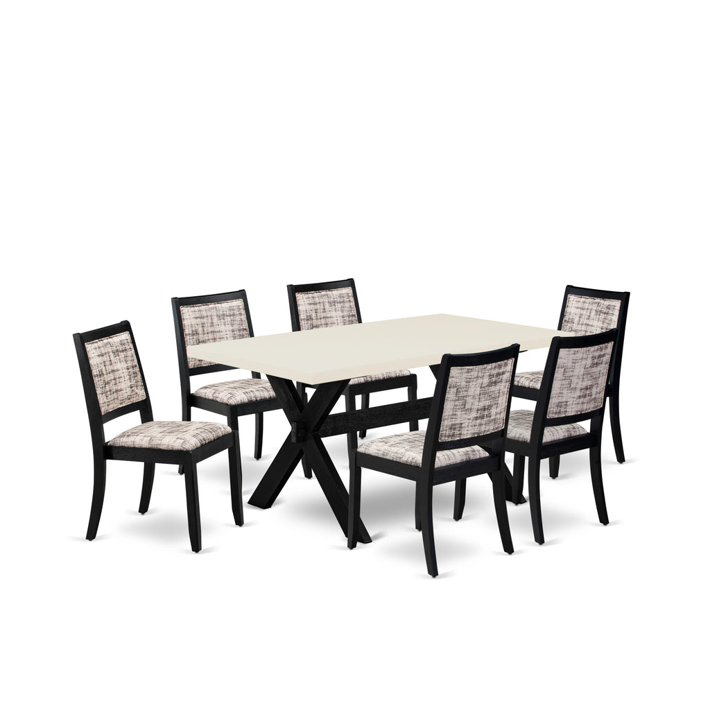 X626XJ15J-9 Wire-Brushed Black 7-Piece Dining Ensemble with Linen White Tabletop and Six Gray-White Faux Leather Chairs