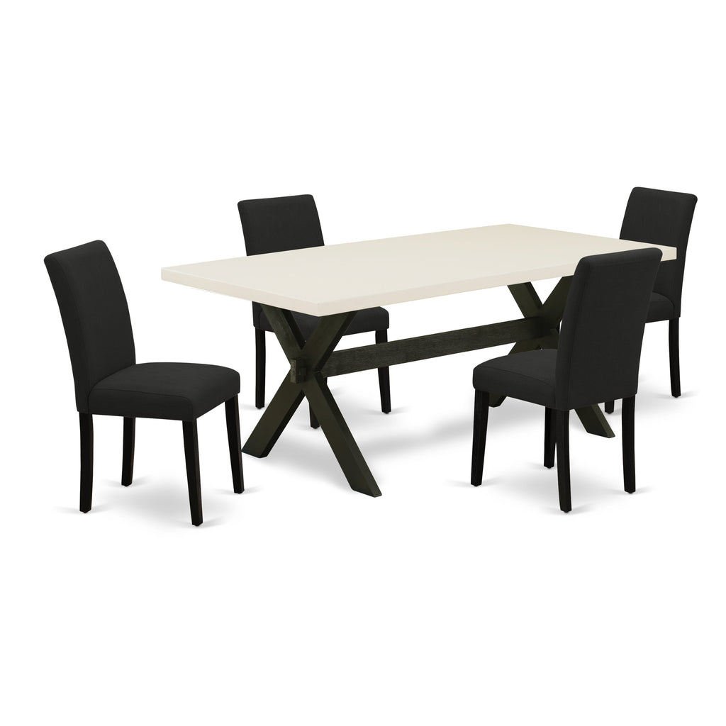 X627AJNTY-D 5-Piece Dining Set with X-Leg Table and Linen Seat Chairs, Black Fabric, 40x72