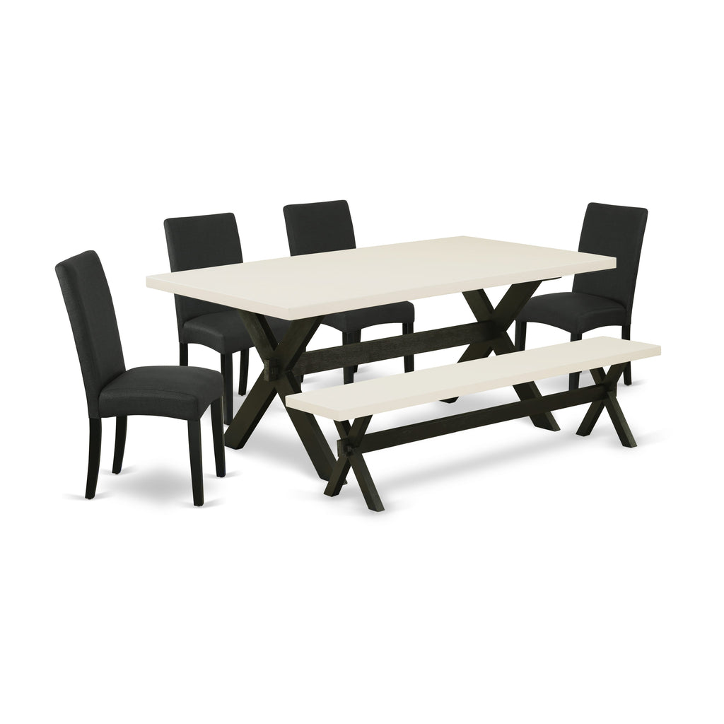 X627DYFC7-K 6-Piece Dining Set Rectangular Table with X-Base, 4 Black Fabric Chairs & Bench, 40x72 In.