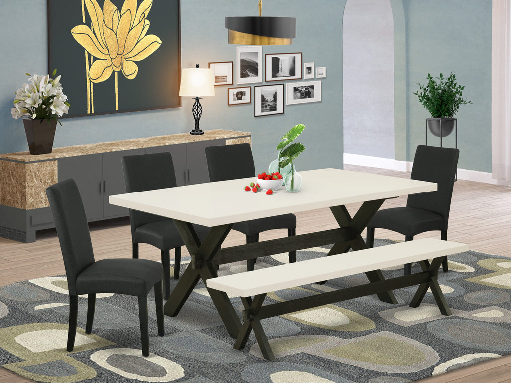 X627DYFC7-K 6-Piece Dining Set Rectangular Table with X-Base, 4 Black Fabric Chairs & Bench, 40x72 In.