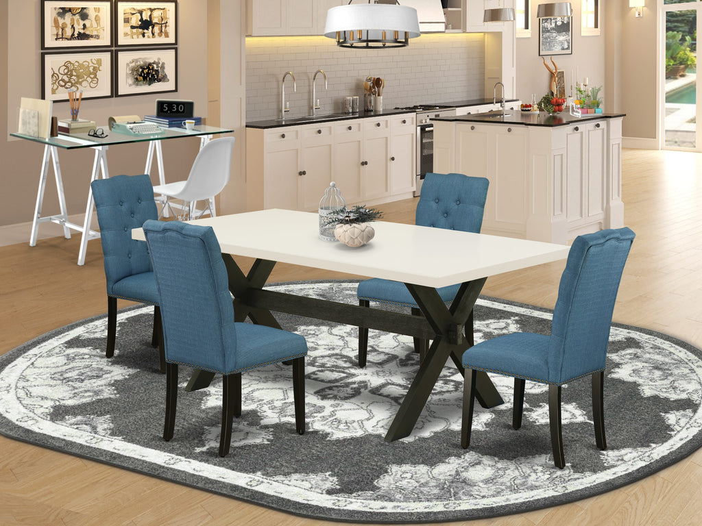 X627E39BF 5-Piece Dining Ensemble with Rectangular Table & 4 Blue Linen Upholstered Chairs