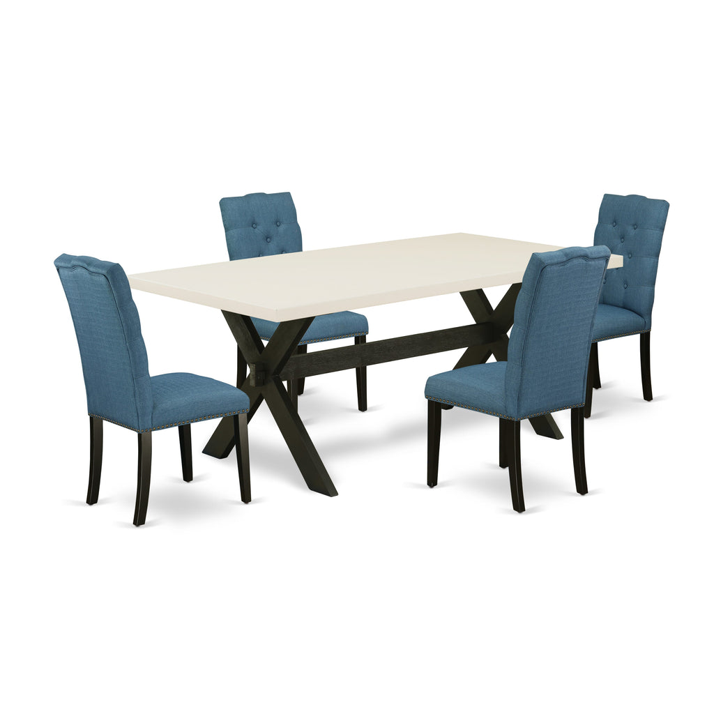 X627E39BF 5-Piece Dining Ensemble with Rectangular Table & 4 Blue Linen Upholstered Chairs