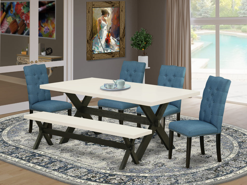 X627E0VYJ-C 6-Piece Dining Ensemble with Rectangular Table, X-Legs, Linen Seats, and Bench, Multicolor, 40x72