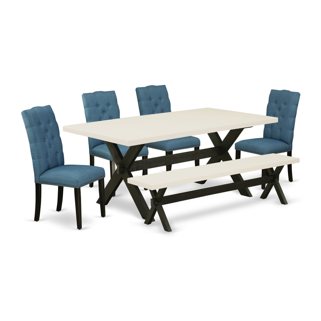 X627E0VYJ-C 6-Piece Dining Ensemble with Rectangular Table, X-Legs, Linen Seats, and Bench, Multicolor, 40x72