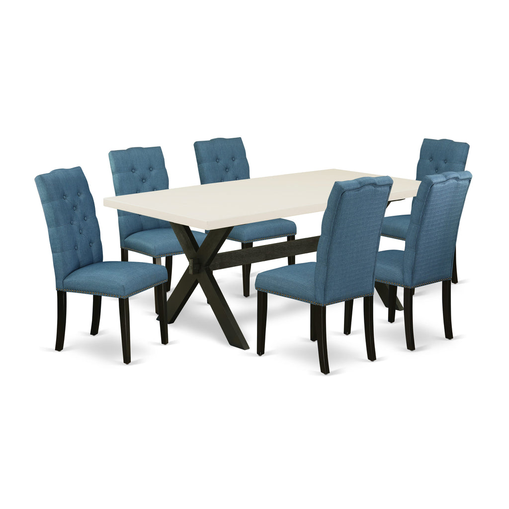 X627EF78L-O Elegant 7-Piece Set Dining Table with X-Style Legs & Blue Linen Chairs for Modern Kitchens