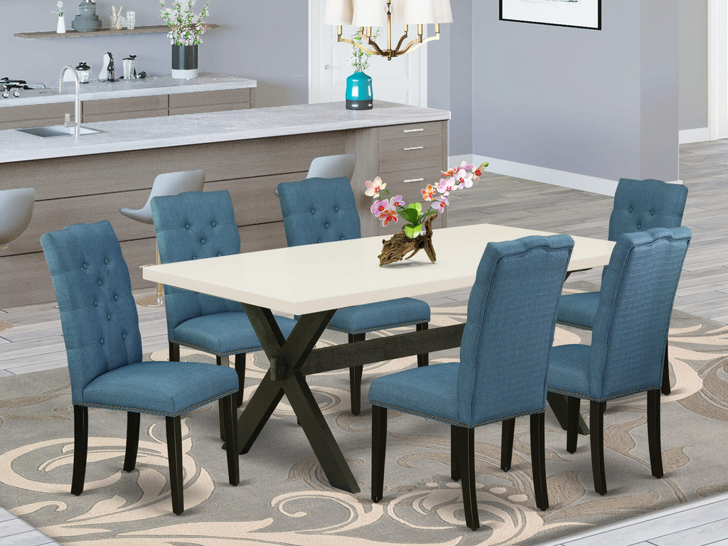X627EF78L-O Elegant 7-Piece Set Dining Table with X-Style Legs & Blue Linen Chairs for Modern Kitchens
