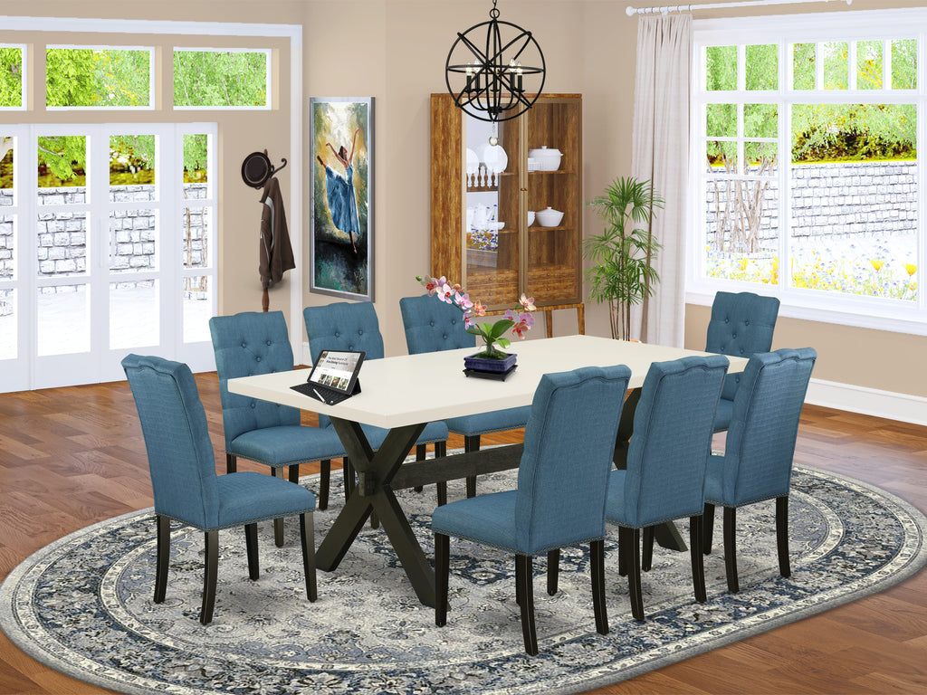 X627E4H12-D 9-Piece Rectangle Table Set with X-Legs & 8 Upholstered Blue Parson Chairs, 40x72