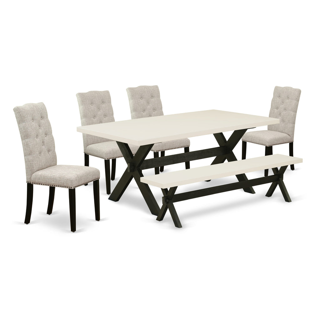 X627EXUUL-M 6 Pc Dining Set with X-Leg Table, Bench & 4 Linen Chairs, Multi-Color Elegance
