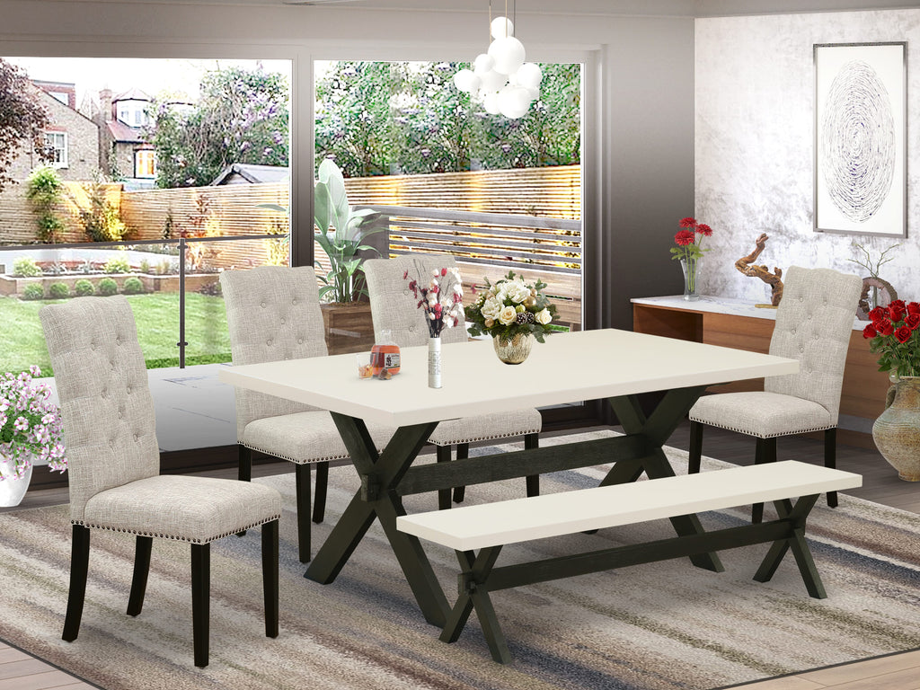 X627EXUUL-M 6 Pc Dining Set with X-Leg Table, Bench & 4 Linen Chairs, Multi-Color Elegance