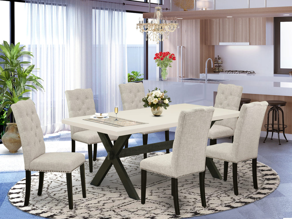 X627EJQ7W-T Premium 7 Pc Dining Set with Rectangle Table and Six Linen Upholstered Chairs, 40x72 Multi-Toned