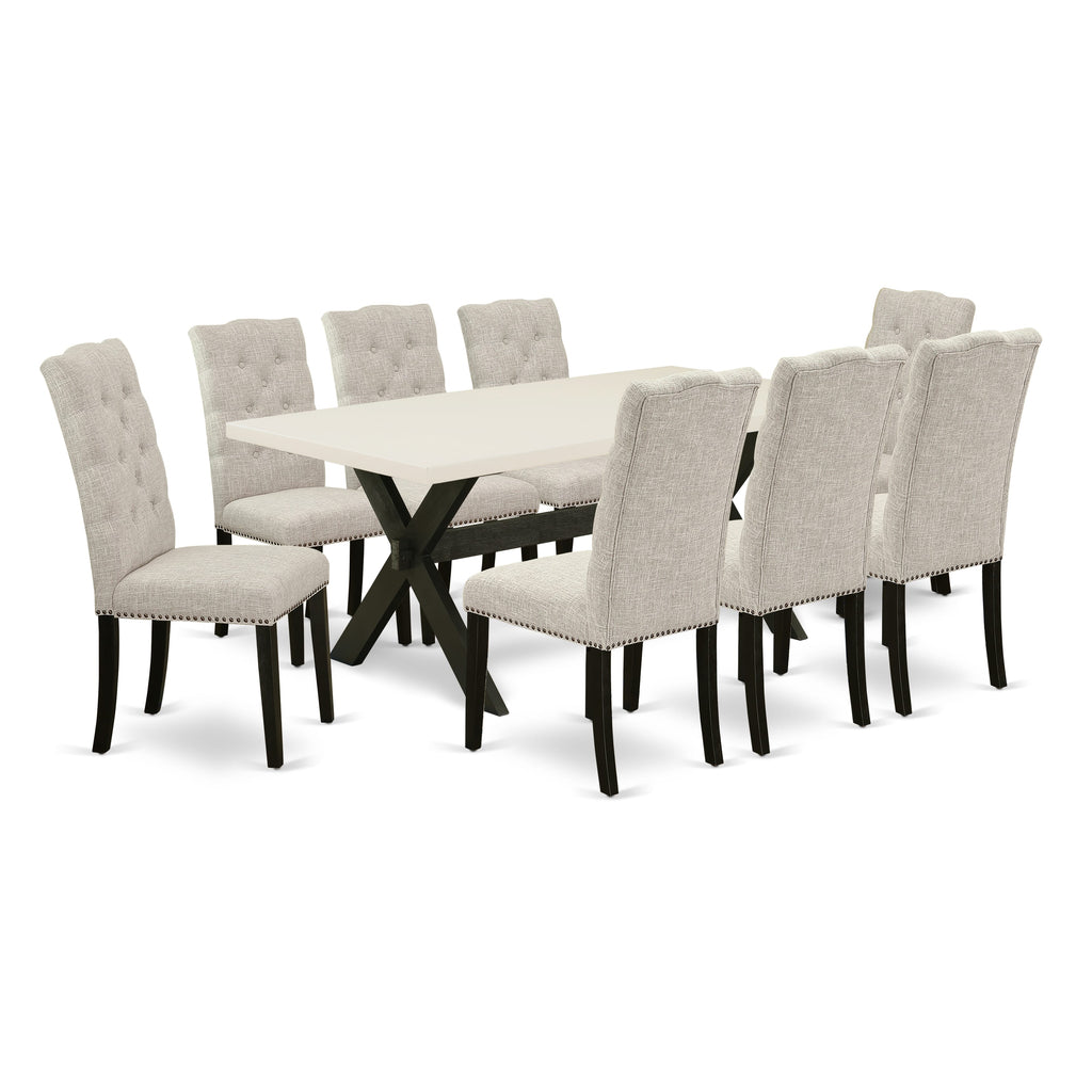 X627EB6EF-R 9 Piece Dining Ensemble with Exquisite X-Leg Design & 8 Comfortable Doeskin Upholstered Seating, Multi-Color Flair