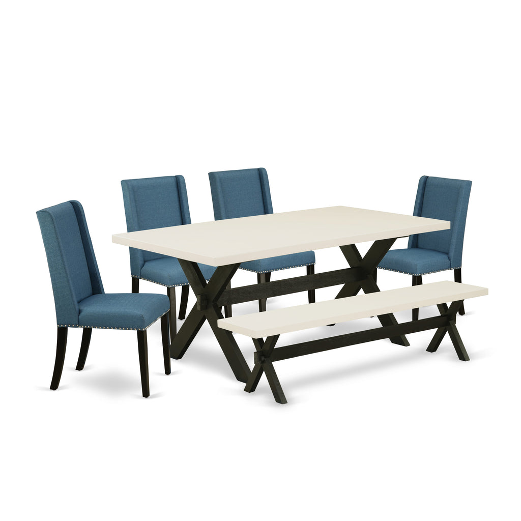 X627FPB6O-I Chic 6 Pc Dining Collection Rectangle Table, X-Legs & Blue Linen Seats
