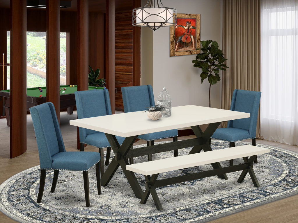 X627FPB6O-I Chic 6 Pc Dining Collection Rectangle Table, X-Legs & Blue Linen Seats