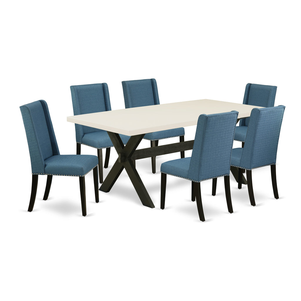 X627FOOZE-M Modern 7-Piece Dining Ensemble with Rectangular Table & Six Blue Wrapped Chairs - Multi-hued 40x72''