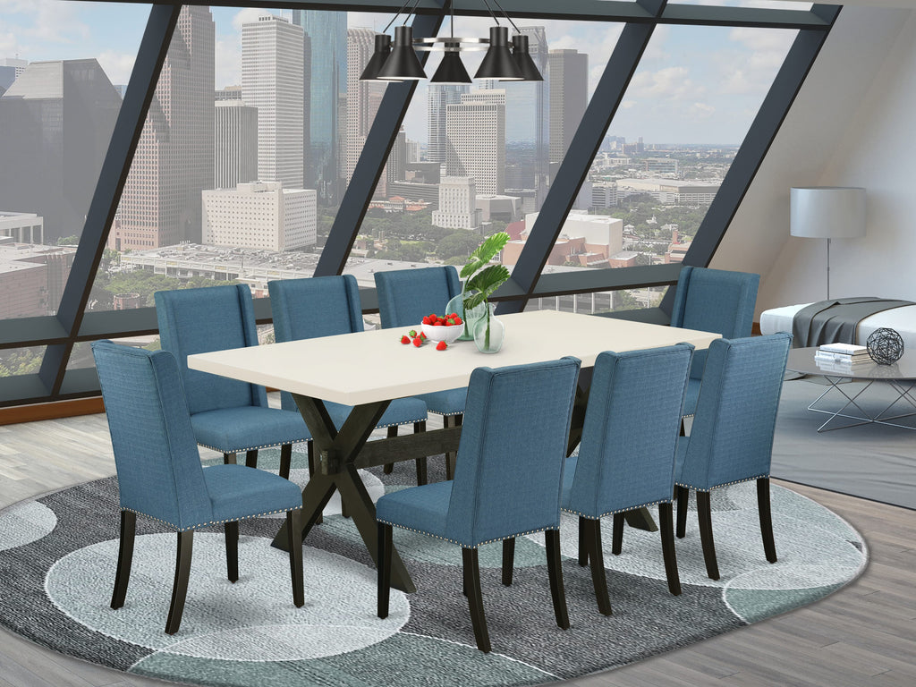 X627FLFAJ-T 9 Piece Dining Set with Rectangle Table and Blue Linen Parson Chairs