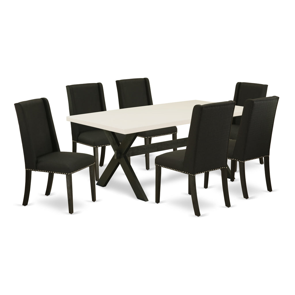 X627FNPQG-E 7 Piece Dining Suite with Rectangular Wood Table and X-Legs, 6 Linen Fabric Black Chairs, 40x72, Multi-Color