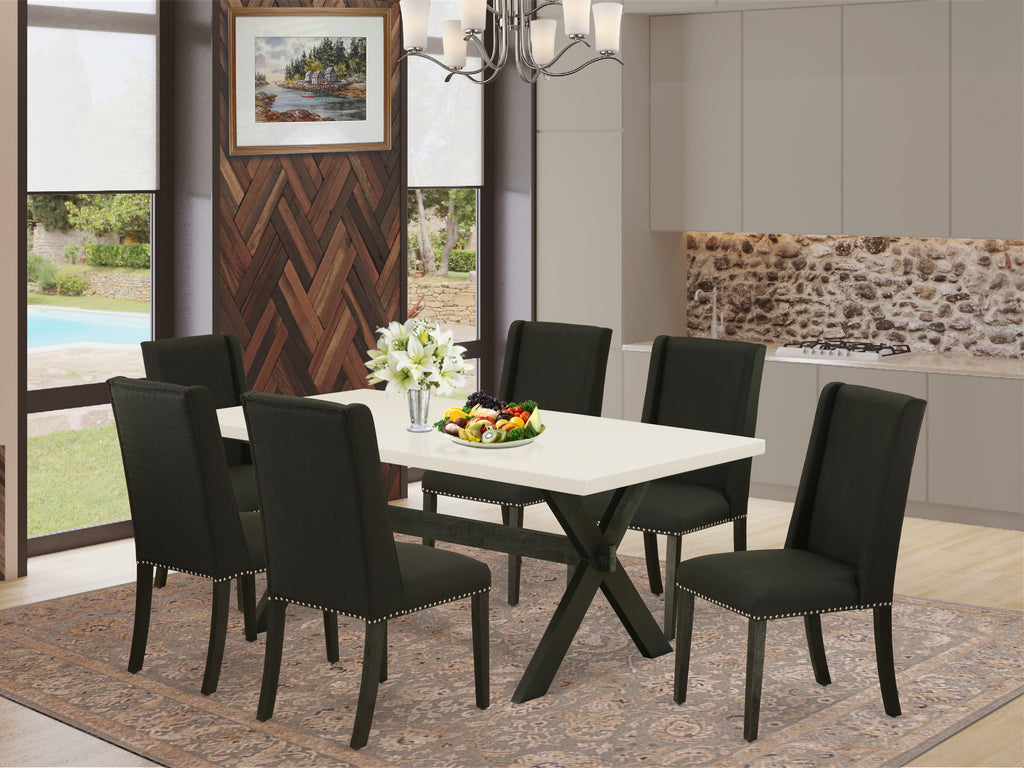 X627FNPQG-E 7 Piece Dining Suite with Rectangular Wood Table and X-Legs, 6 Linen Fabric Black Chairs, 40x72, Multi-Color