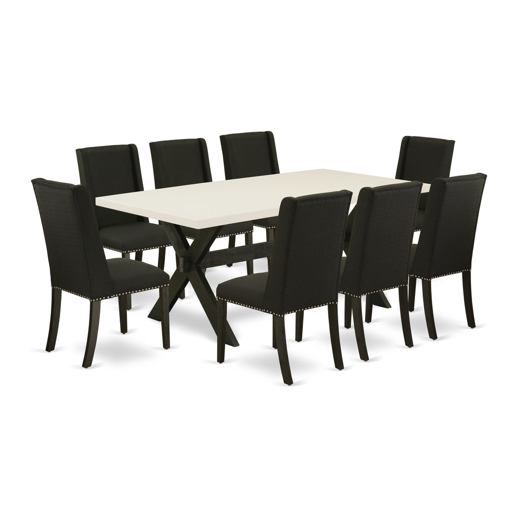 9-Piece Dining Set X627F2VQJ-I Rectangular Table with X-Legs & 8 Black Upholstered Chairs