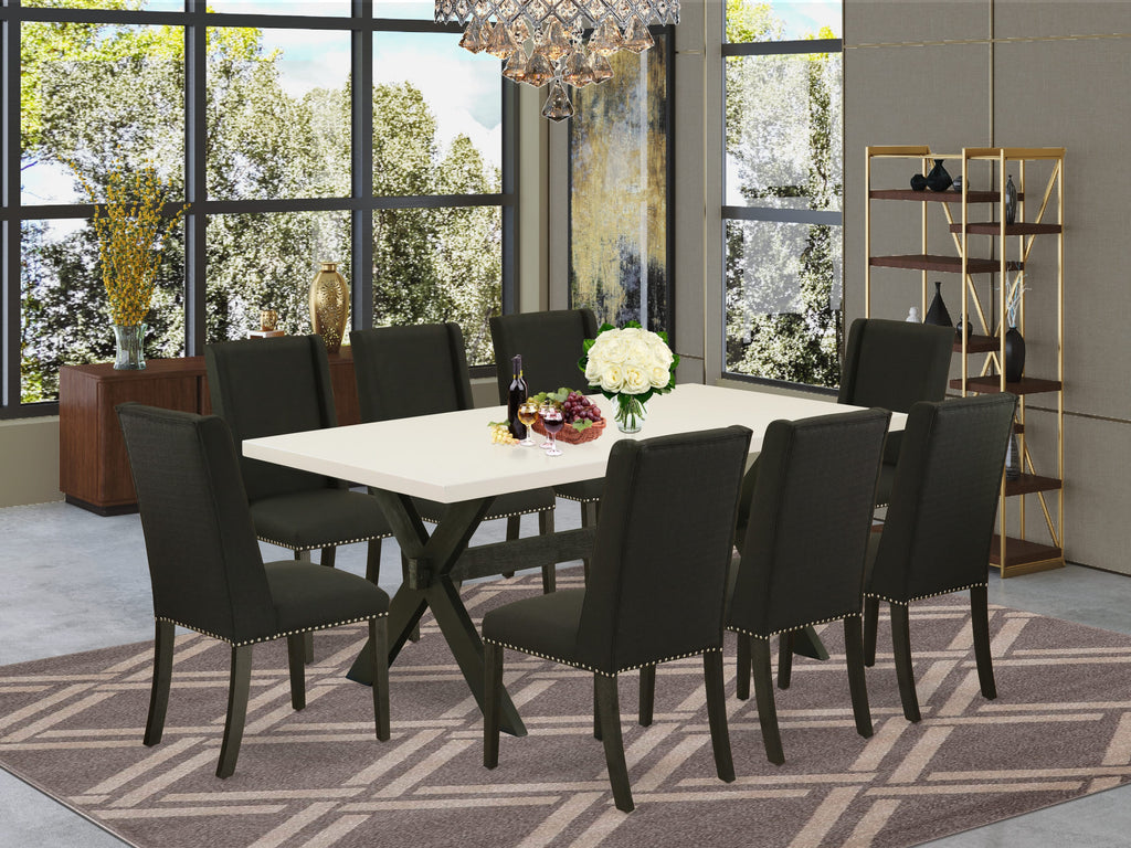 9-Piece Dining Set X627F2VQJ-I Rectangular Table with X-Legs & 8 Black Upholstered Chairs
