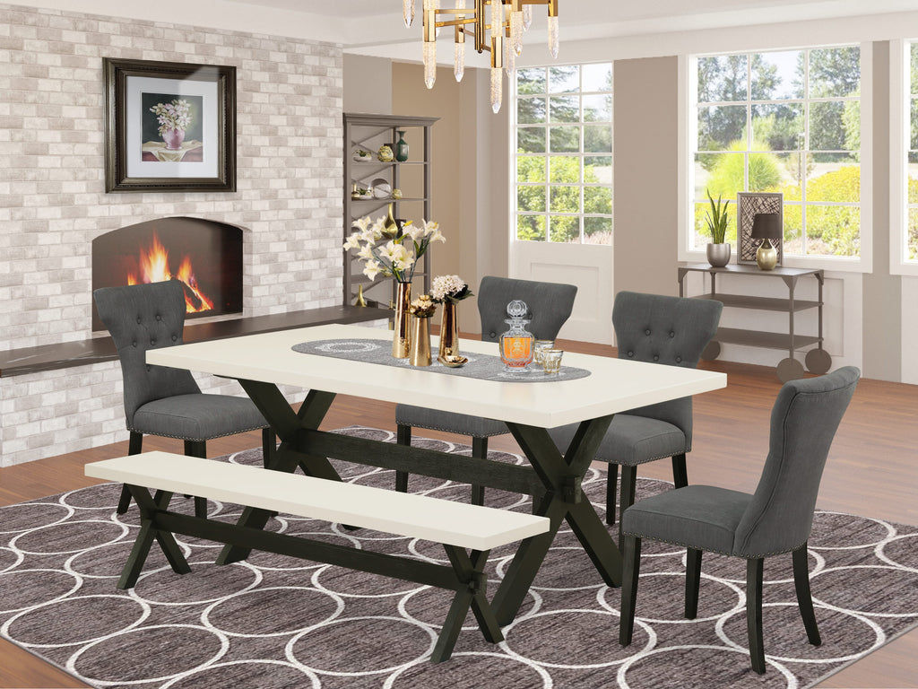 X627GEUNG-P 6 Piece Dining Set with X-Leg Table, Bench & 4 Parson Chairs, Multi-Color, 40x72