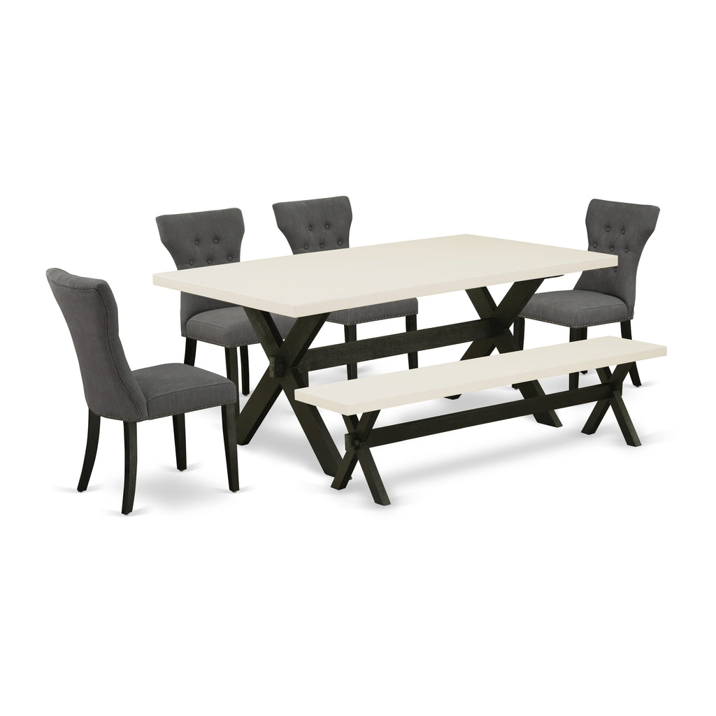 X627GEUNG-P 6 Piece Dining Set with X-Leg Table, Bench & 4 Parson Chairs, Multi-Color, 40x72