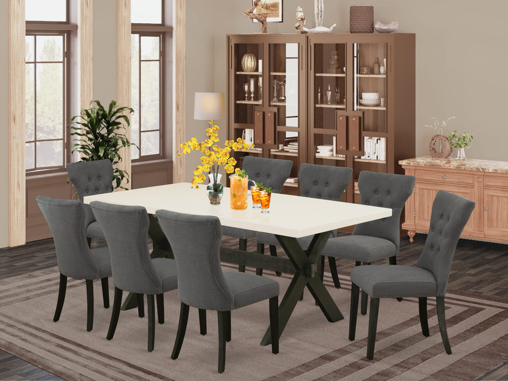 X627G8C36-F Luxurious 9-Piece Dining Ensemble with Modern X-Leg Table and 8 Sophisticated Dark Linen Chairs