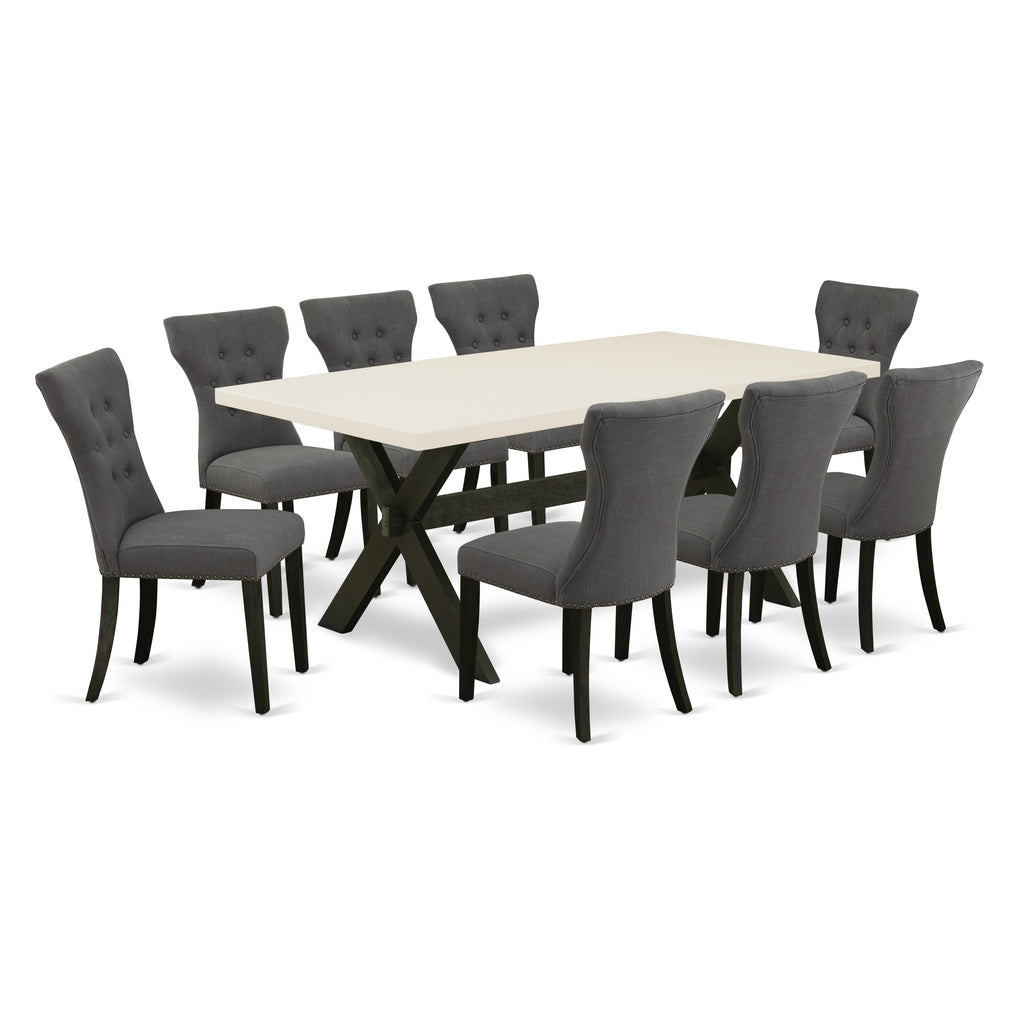 X627G8C36-F Luxurious 9-Piece Dining Ensemble with Modern X-Leg Table and 8 Sophisticated Dark Linen Chairs