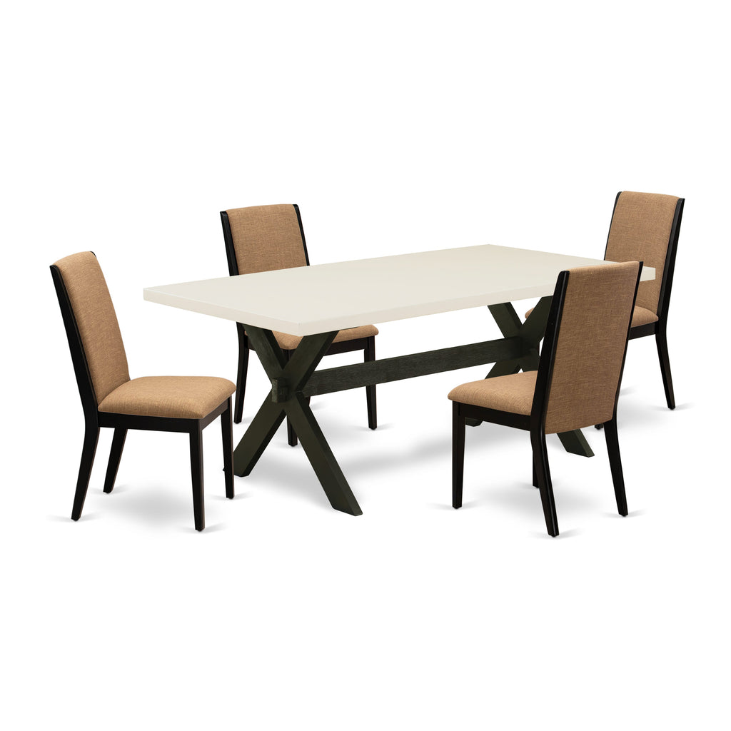 Dining Ensemble Set X627LVYZB-W Table with X-Legs & 4 Light Sable Linen Chairs, Multi-Color