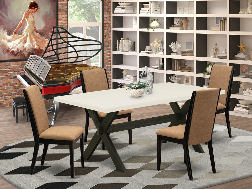 Dining Ensemble Set X627LVYZB-W Table with X-Legs & 4 Light Sable Linen Chairs, Multi-Color