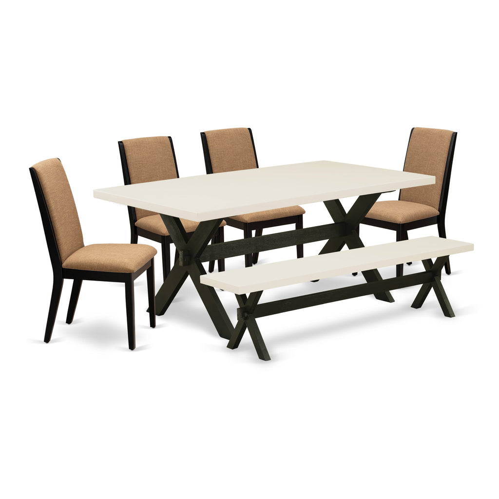 X627LJ7WX-O 6-Piece Dining Ensemble Featuring X-Leg Table, 4 Chairs, and Bench in Multi-Hued Sable Linen