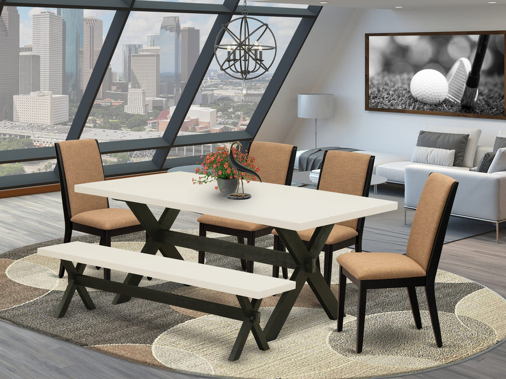 X627LJ7WX-O 6-Piece Dining Ensemble Featuring X-Leg Table, 4 Chairs, and Bench in Multi-Hued Sable Linen