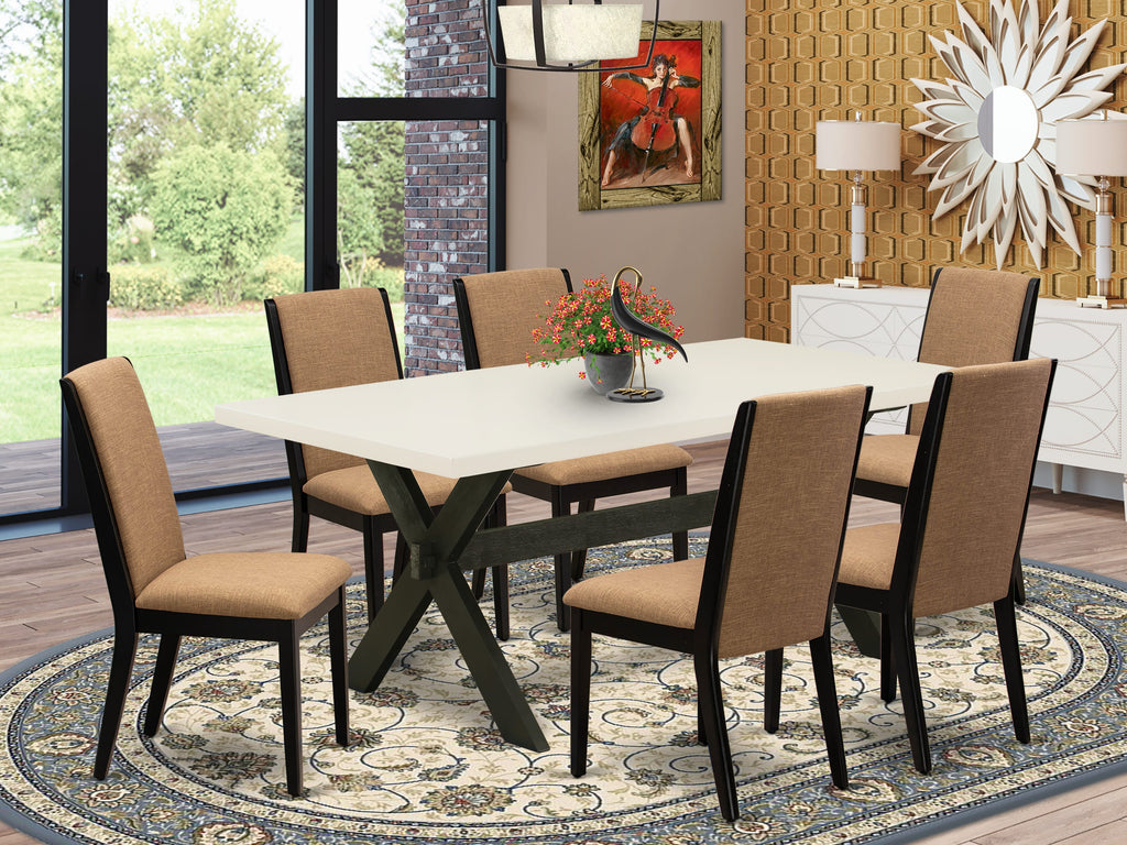 X627LMEXO-L 7-Piece Rectangular Dining Ensemble with X-Legs and 6 Linen Upholstered Seats, 40x72 Multi-Tone