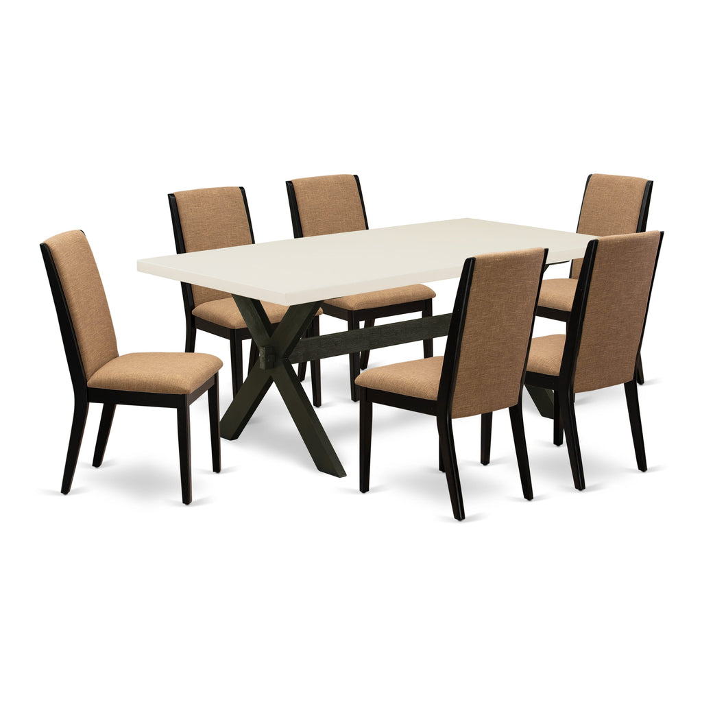 X627LMEXO-L 7-Piece Rectangular Dining Ensemble with X-Legs and 6 Linen Upholstered Seats, 40x72 Multi-Tone