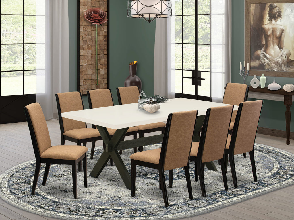 X627LT1I8-J Dining Set Nine-Piece Ensemble with Rectangular Table, X-Legs & Light Sable Chairs