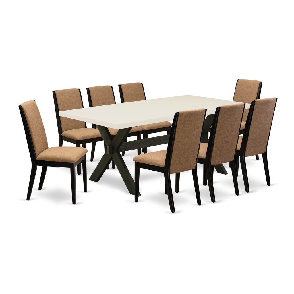 X627LT1I8-J Dining Set Nine-Piece Ensemble with Rectangular Table, X-Legs & Light Sable Chairs