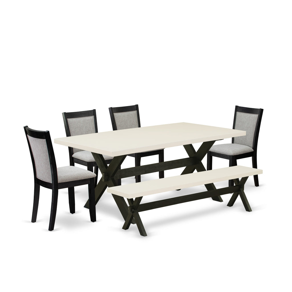 X627ME9BW-M 6-Piece Dining Set with X-Leg Table, Shitake Fabric Chairs & Bench - 40x72 - Multi-Color