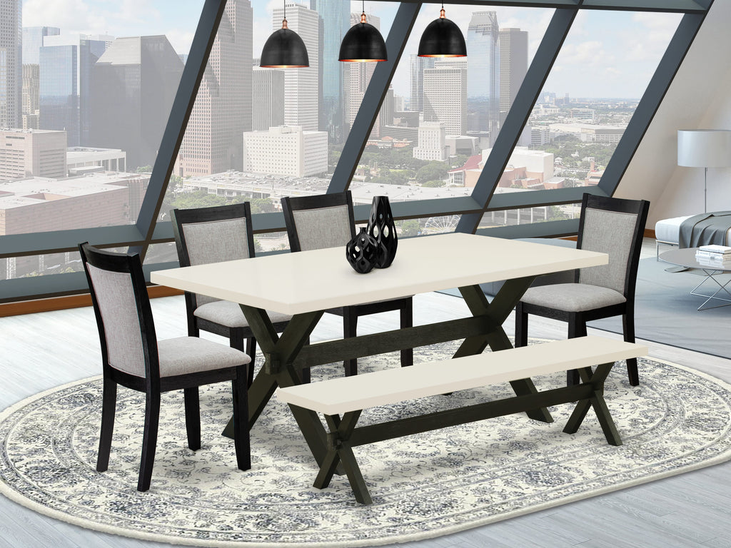 X627ME9BW-M 6-Piece Dining Set with X-Leg Table, Shitake Fabric Chairs & Bench - 40x72 - Multi-Color