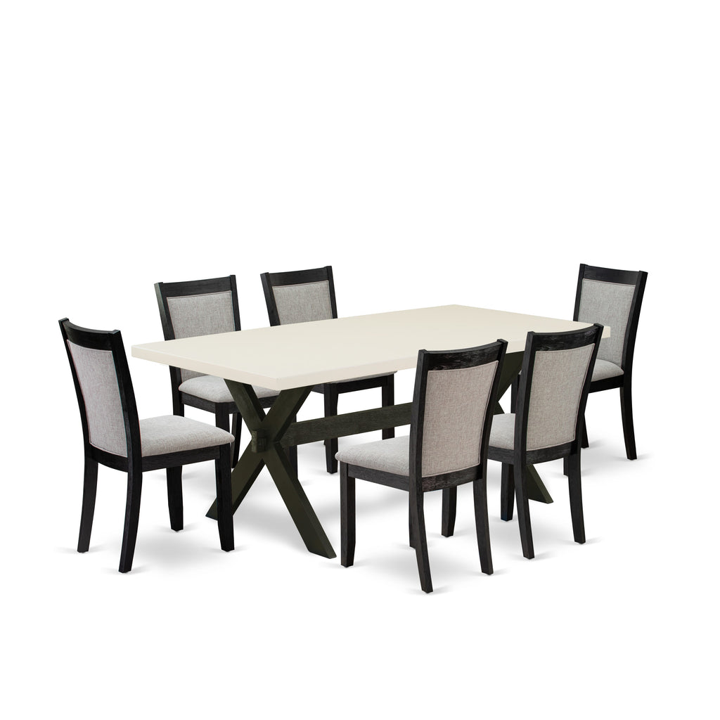 X627M212A-I 7-Piece Dining Configuration Rectangle Table with X-Legs & Six Shitake Fabric Seats, 40x72 Multi-Tinted