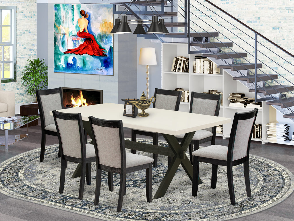 X627M212A-I 7-Piece Dining Configuration Rectangle Table with X-Legs & Six Shitake Fabric Seats, 40x72 Multi-Tinted