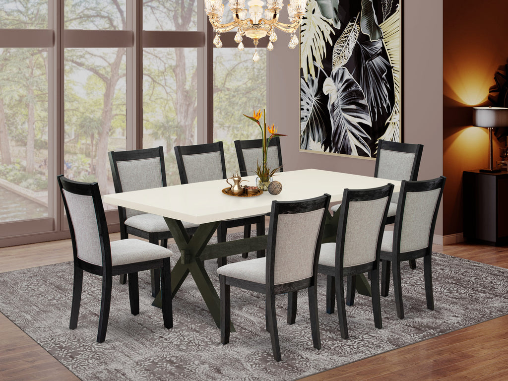 X627M76R7-F 9-Piece Contemporary Dining Ensemble Rectangular Table with X-Legs & 8 Linen Chairs