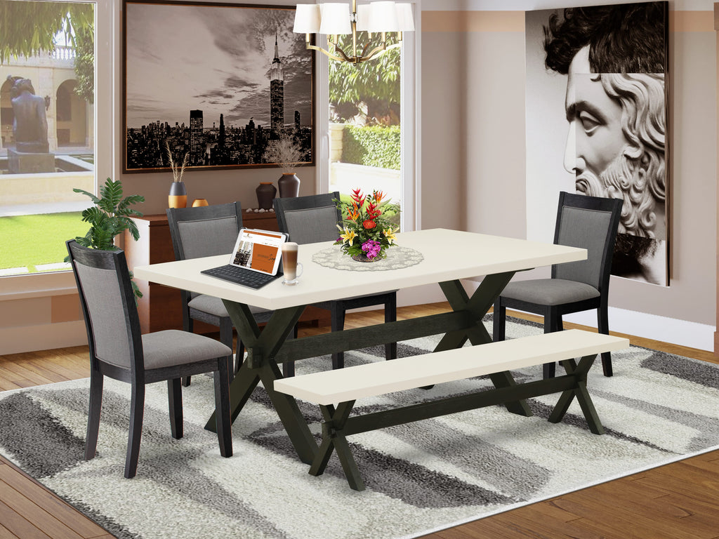 X627M9P1B-B Dining Ensemble 6-Piece Set with Rectangular Table, Dark Grey Chairs, and Bench, 40x72 Inches