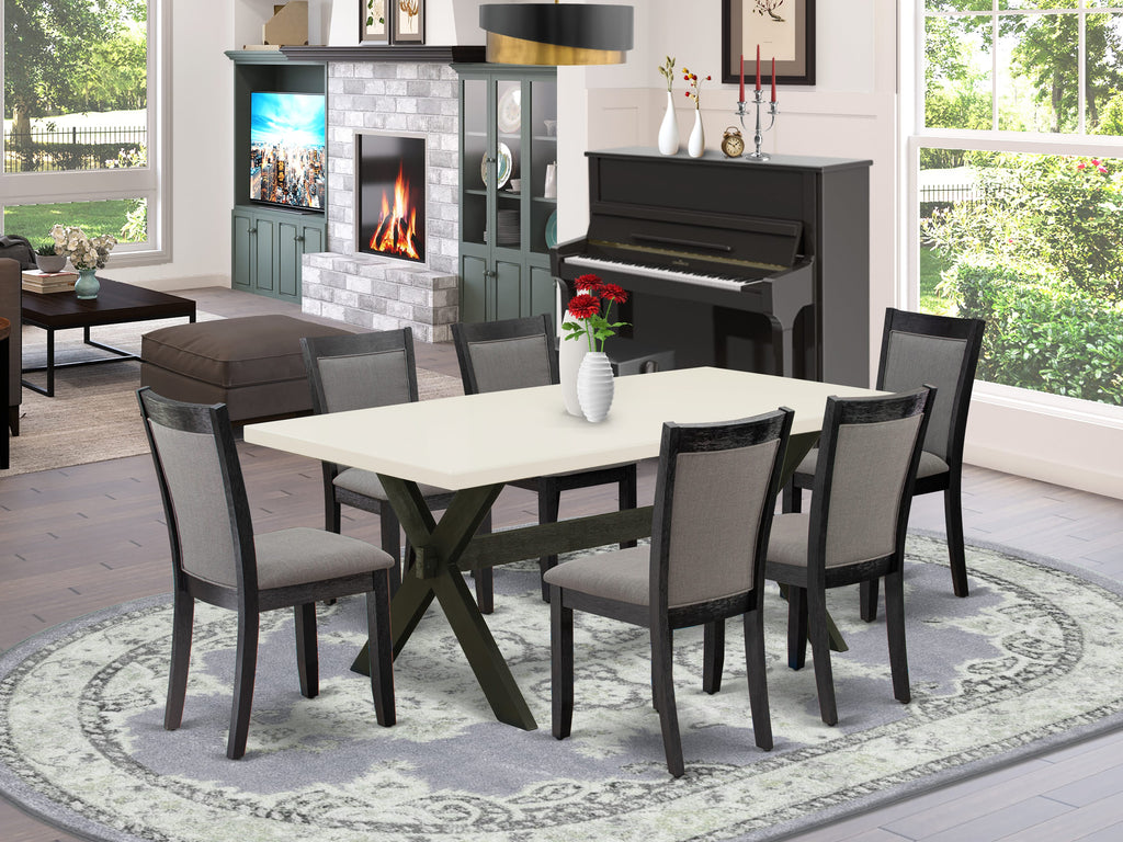 X627M9KLA-9 7-Piece Dining Ensemble Rectangle Table, X-Legs, with 6 Grey Linen Chairs, 72x40 Inch
