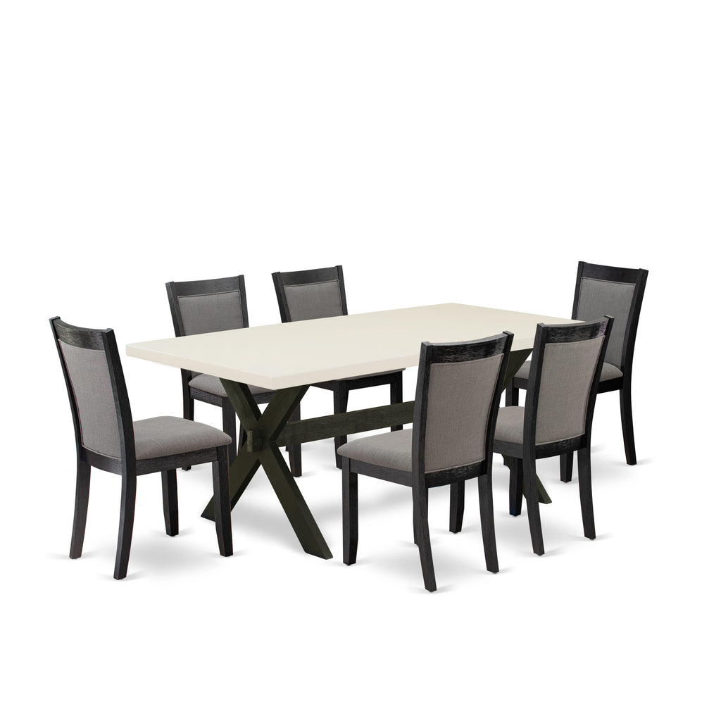 X627M9KLA-9 7-Piece Dining Ensemble Rectangle Table, X-Legs, with 6 Grey Linen Chairs, 72x40 Inch
