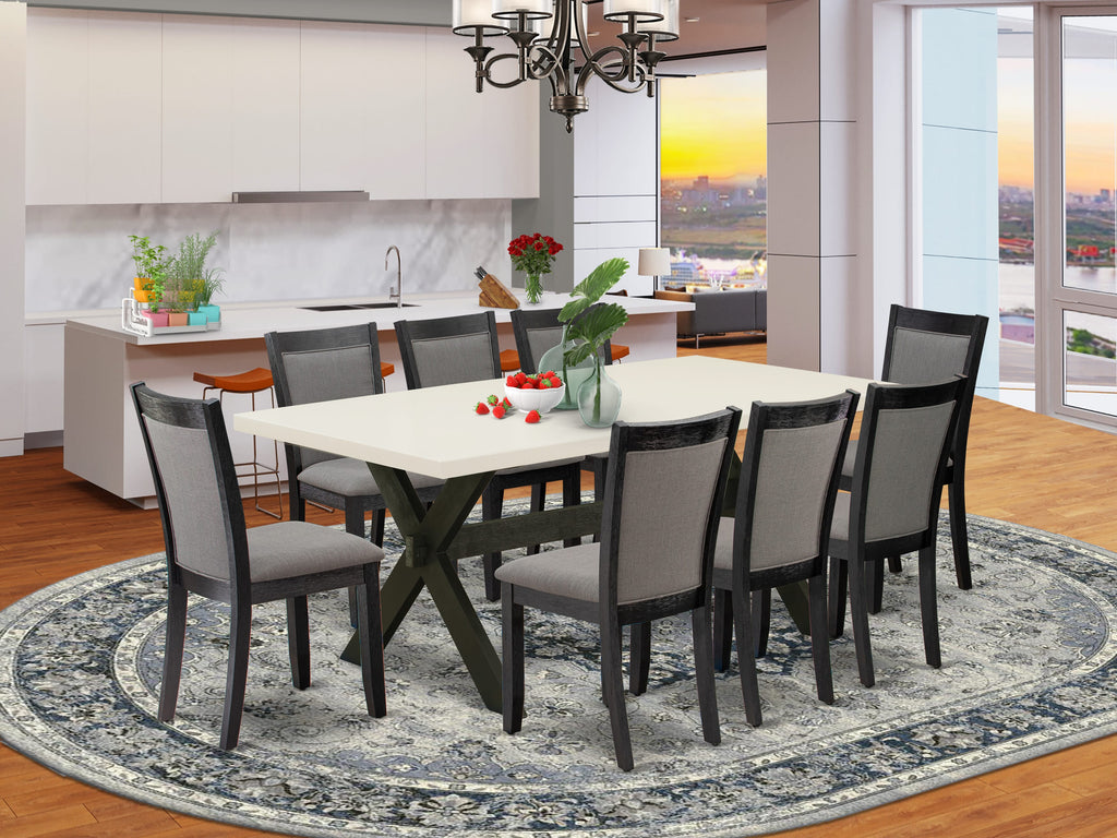9-Piece Set X627MQK7G-E Rectangular Dining Table & 8 Dark Grey Linen Chairs with X-Legs, 40x72