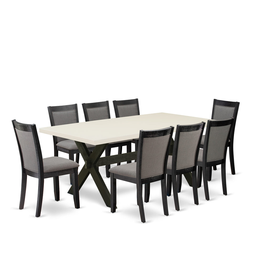 9-Piece Set X627MQK7G-E Rectangular Dining Table & 8 Dark Grey Linen Chairs with X-Legs, 40x72