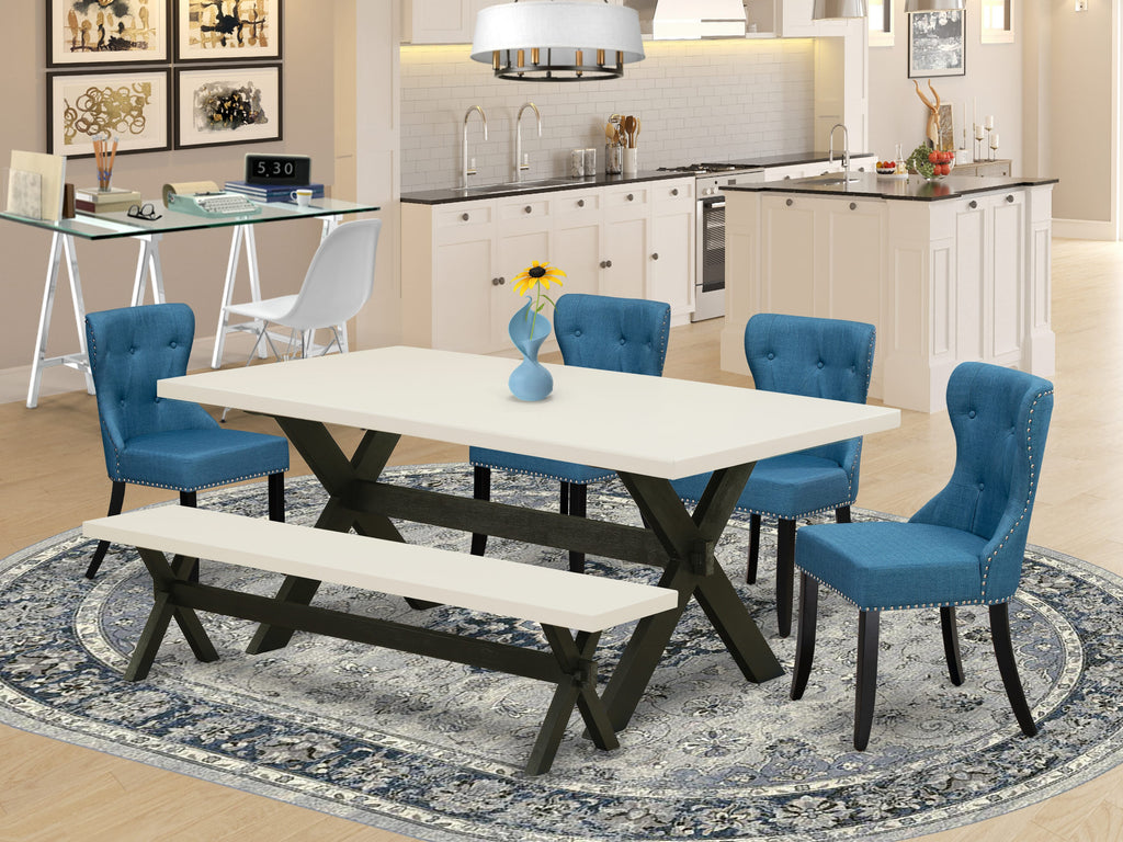 X627SEUHR-A 6-Piece Dining Ensemble with Rectangular Wood Table, 4 Blue Linen Parsons Chairs & Bench, Multicolor, 40x72