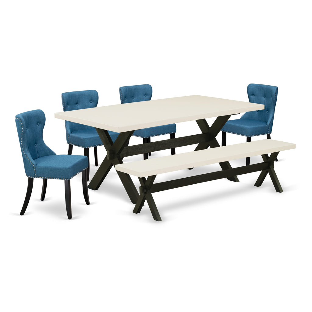 X627SEUHR-A 6-Piece Dining Ensemble with Rectangular Wood Table, 4 Blue Linen Parsons Chairs & Bench, Multicolor, 40x72