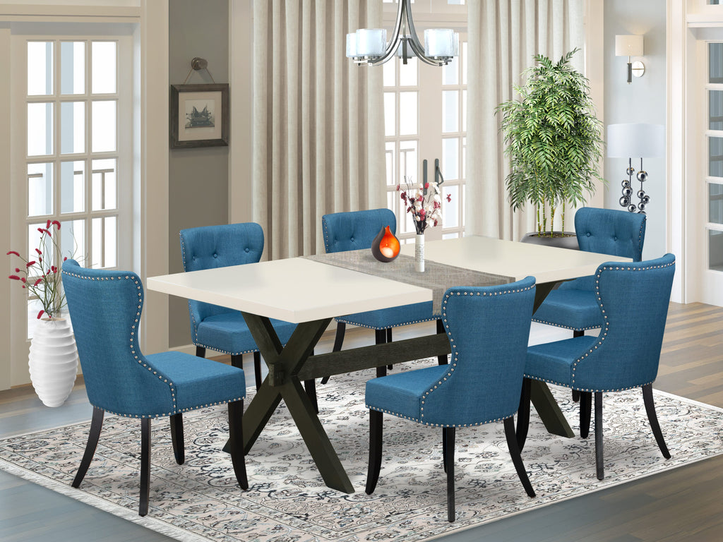 X627SHRNL-H Stunning 7 Piece Dining Ensemble with Classic Table and Stylish Blue Upholstered Chairs