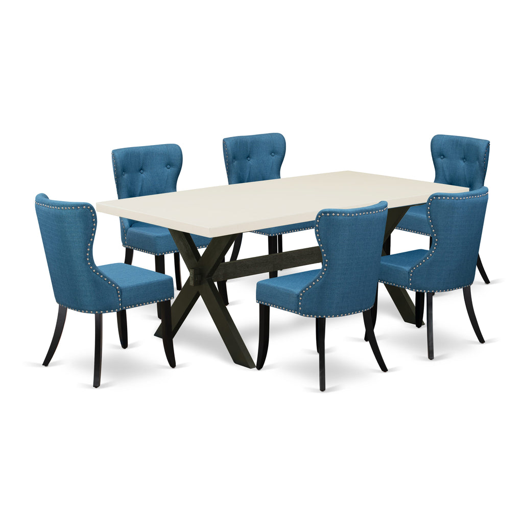 X627SHRNL-H Stunning 7 Piece Dining Ensemble with Classic Table and Stylish Blue Upholstered Chairs
