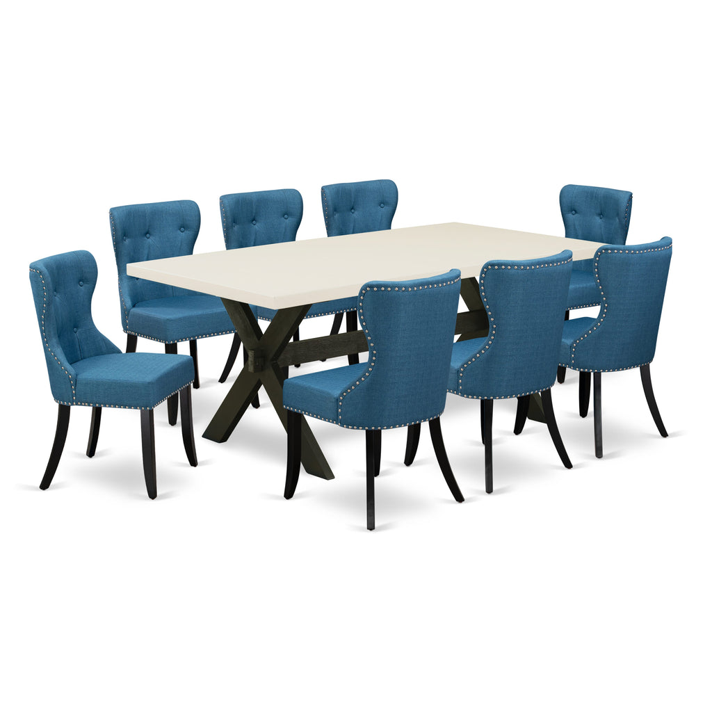 X627SI6UP-7 9 Piece Set with Rectangular Table and 8 Upholstered Blue Chairs, 40x72 inches